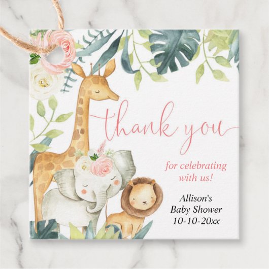 水の色サファリージャングル動物の女の子の赤ちゃんシャワー フェイバータグ (正面)