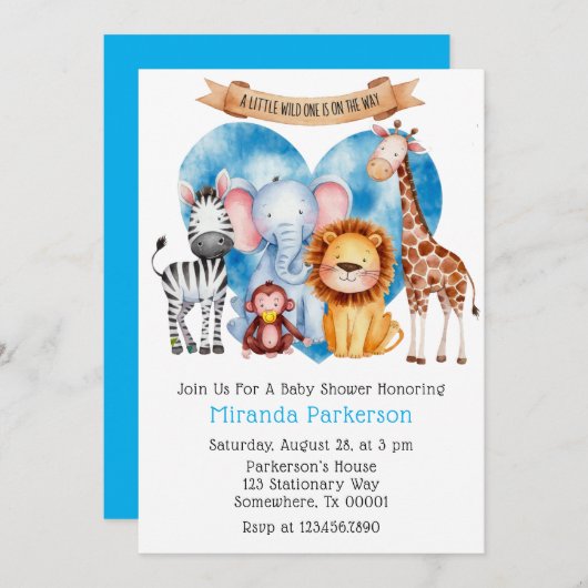水の色サファリ動物の男の子の赤ちゃんシャワー 招待状 (正面/裏面)