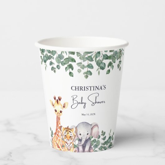 水の色サファリ動物の赤ちゃんシャワー 紙コップ (正面)
