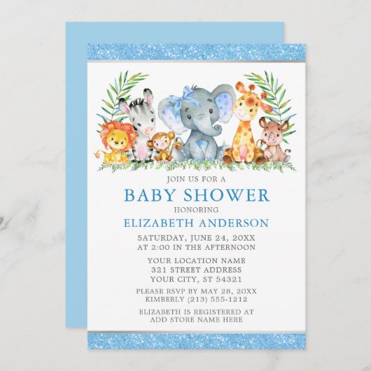水の色サファリ動物シャワーブルーボウグリッター 招待状 (正面/裏面)
