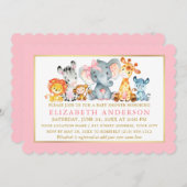 水の色サファリ動物ピンクボウ赤ちゃんシャワー 招待状 (正面/裏面)