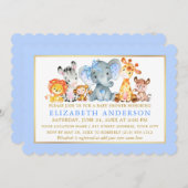 水の色サファリ動物ブルーボウベビーシャワー 招待状 (正面/裏面)