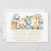 水の色サファリ動物ベビシャワーイエローボウ 招待状 (正面)