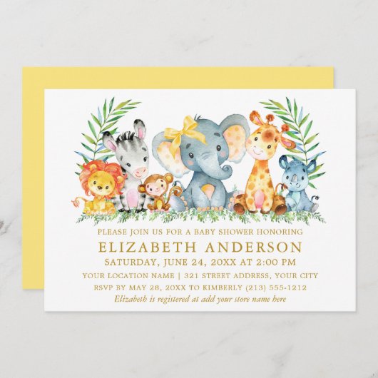 水の色サファリ動物ベビシャワーイエローボウ 招待状 (正面/裏面)