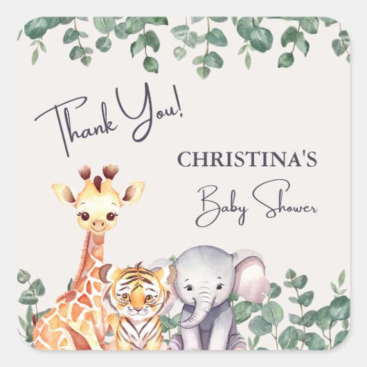 水の色サファリ動物ベビーシャワーありがとう スクエアシール (正面)