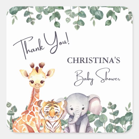 水の色サファリ動物ベビーシャワーありがとう スクエアシール (正面)