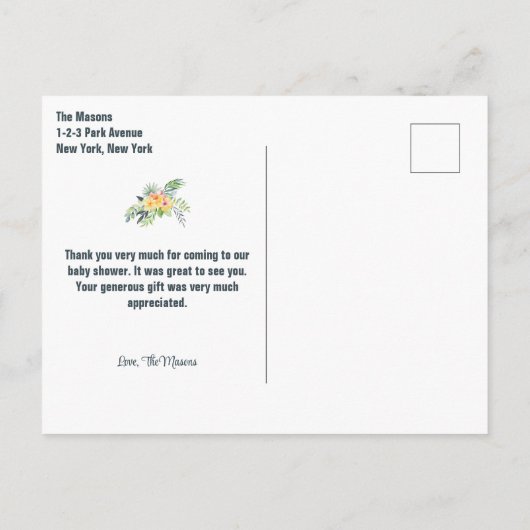 水の色サファリ動物ベビーシャワーありがとう ポストカード (裏面)