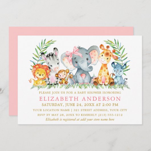 水の色サファリ動物ベビーシャワーピンクボウ 招待状 (正面/裏面)