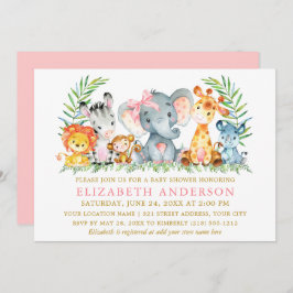 水の色サファリ動物ベビーシャワーピンクボウ 招待状