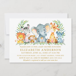 水の色サファリ動物ベビーシャワー黄色金ゴールド 招待状