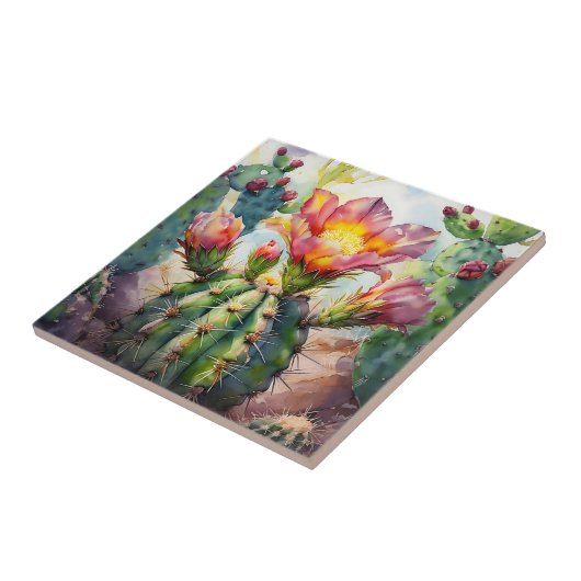 水の色サボテンと鮮やか砂漠の花 タイル (側面)