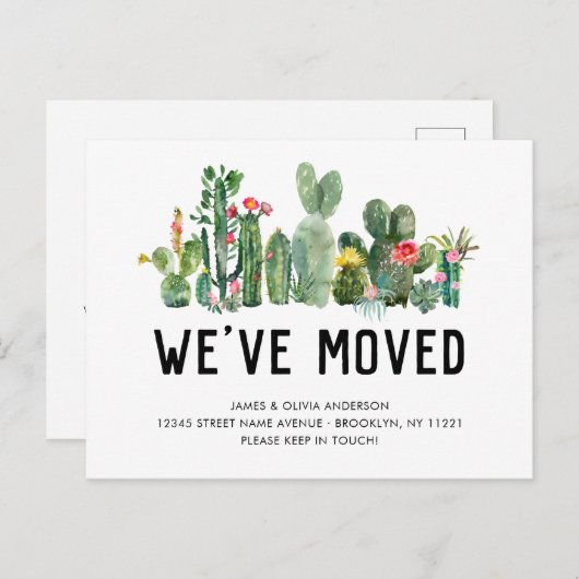 水の色サボテン引っ越しました新しい家かわいい動き 案内ポストカード (正面/裏面)