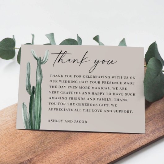 水の色サボテン結婚ズの。ライトチューペグレイ砂漠 サンキューカード