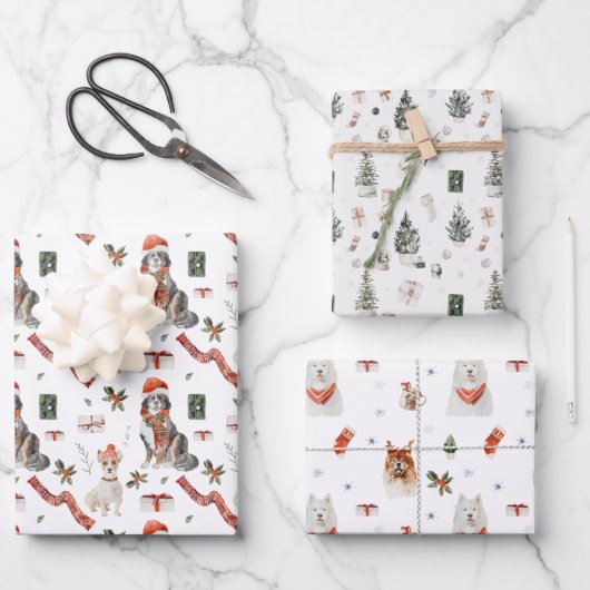 水の色サンタドッグパピークリスマスツリークリスマス ラッピングペーパーシート (正面)