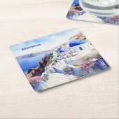 水の色サントリーニオイア スクエアペーパーコースター (アングル)