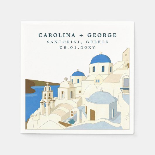 水の色サントリーニギリシャ島 スタンダードカクテルナプキン (正面)