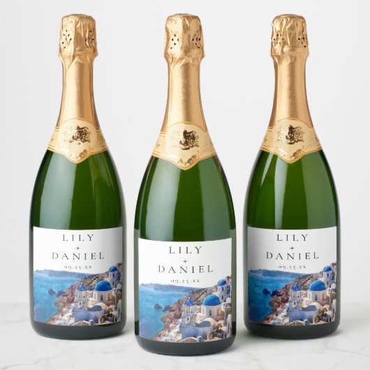 水の色サントリーニギリシャ目的地の結婚式 スパークリングワインラベル (ボトル)