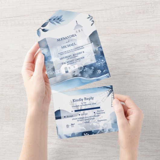 水の色サントリーニデスティネーションウェディング オールインワン招待状 (貼ってはがせる)