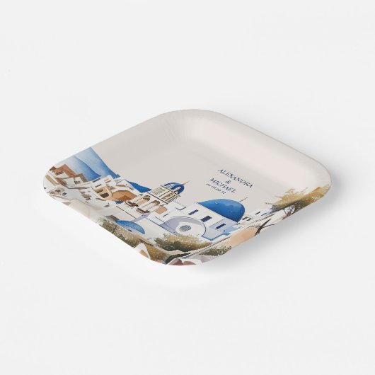 水の色サントリーニデスティネーションウェディング ペーパープレート (傾斜あり)