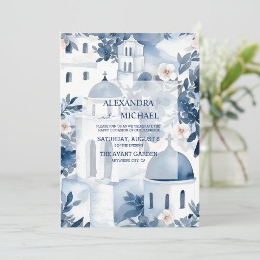 水の色サントリーニデスティネーションウェディング 招待状 (スタンド正面)