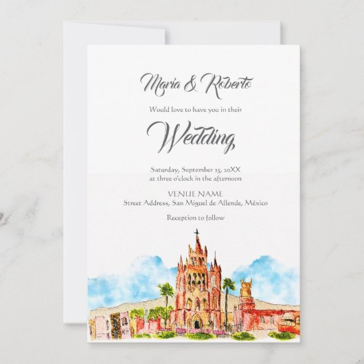 水の色サンミゲルデアレンデ教会結婚の 招待状 (正面)