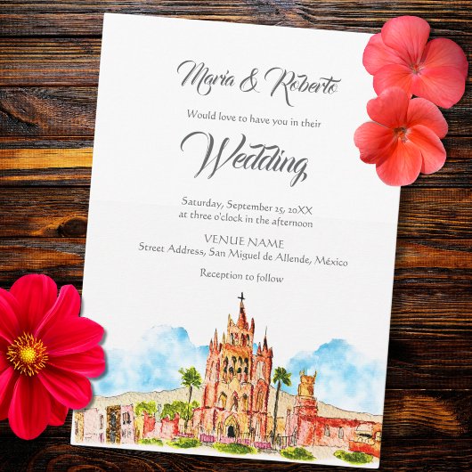 水の色サンミゲルデアレンデ教会結婚の 招待状