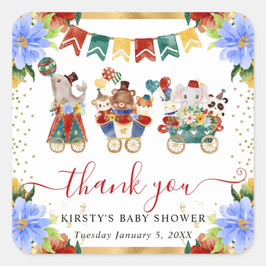 水の色サーカス動物のトレインベビーシャワーフローラ スクエアシール (正面)