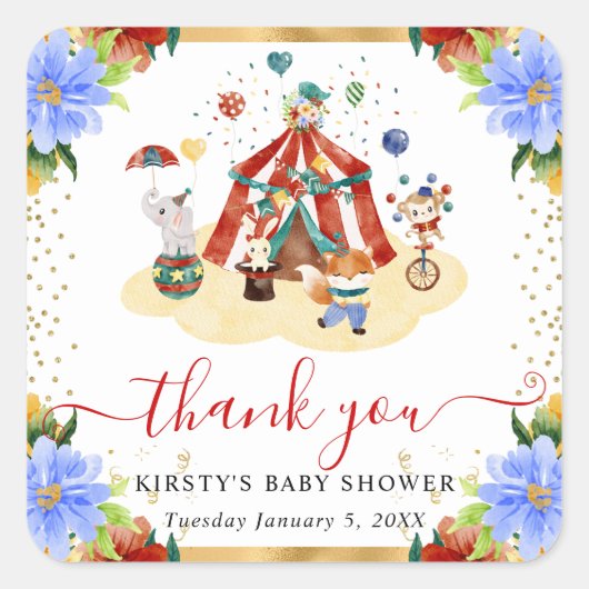 水の色サーカス動物のフローラ赤ちゃんシャワー スクエアシール (正面)