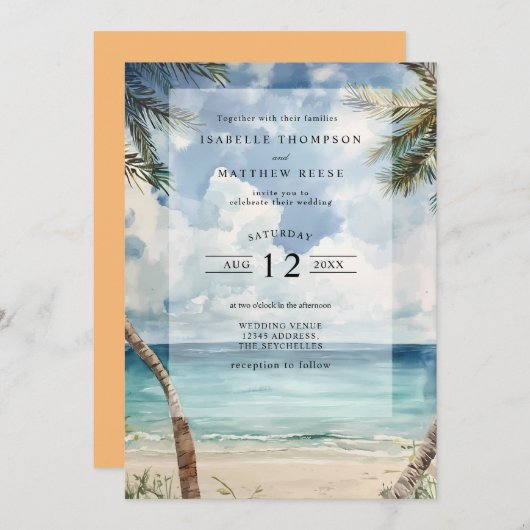 水の色ザセーシェルトロピカルビーチ結婚式 招待状 (正面/裏面)