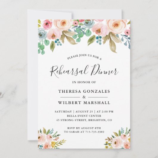 水の色シックフローラ結婚のリハーサルディナー 招待状 (正面)