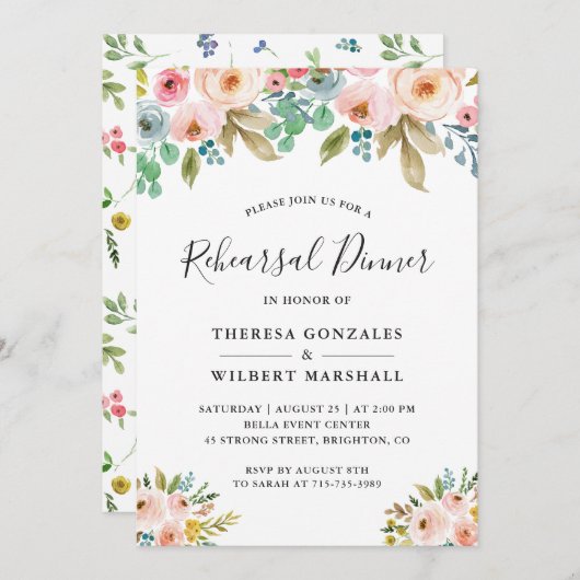 水の色シックフローラ結婚のリハーサルディナー 招待状 (正面/裏面)