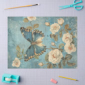 水の色シャビーシックなネイビーバタフライ&バラ 薄葉紙 (クラフト)