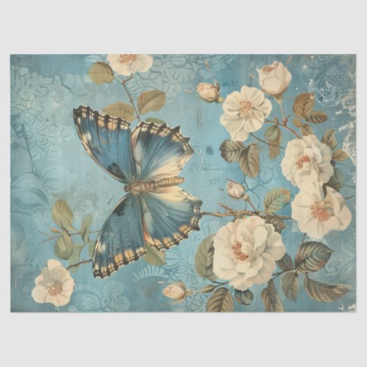 水の色シャビーシックなネイビーバタフライ&バラ 薄葉紙 (正面)