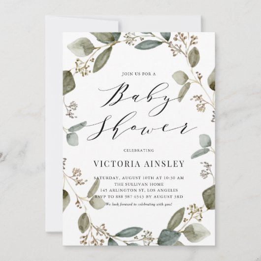 水の色シードされたユーカリリースベビーシャワー 招待状 (正面)