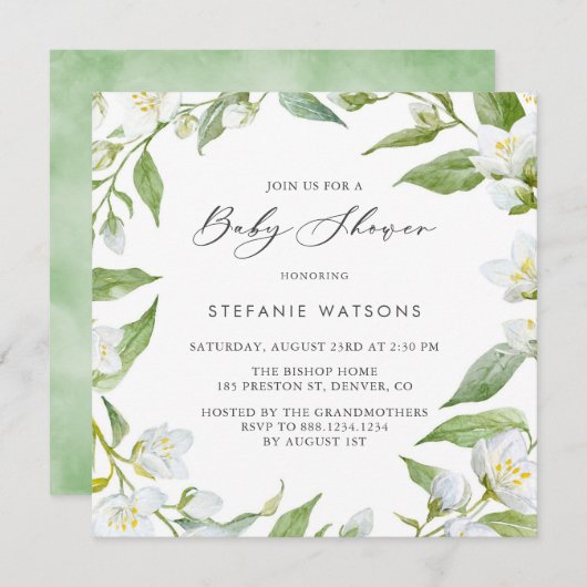 水の色ジャスミンと緑のフローラ赤ちゃんシャワー 招待状 (正面/裏面)