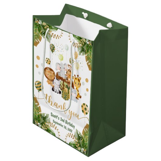 水の色ジャングルサファリアニマルズ誕生日 ミディアムペーパーバッグ (正面アングル)