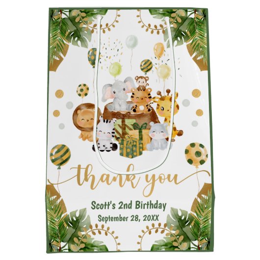 水の色ジャングルサファリアニマルズ誕生日 ミディアムペーパーバッグ (裏面)