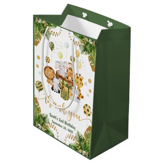 水の色ジャングルサファリアニマルズ誕生日 ミディアムペーパーバッグ (裏面アングル)