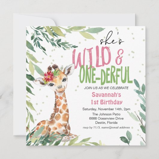 水の色ジャングルサファリワイルドワン1st誕生日Inv 招待状 (正面)