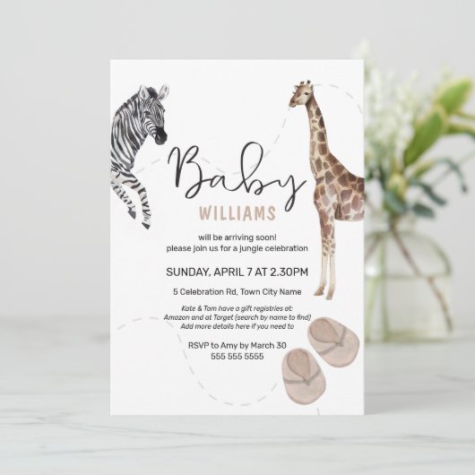 水の色ジャングルサファリ動物ガールベビーシャワー 招待状 (スタンド正面)