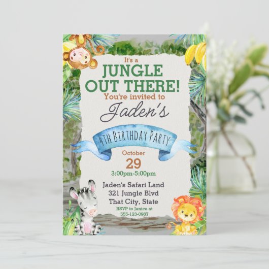 水の色ジャングル動物かわいい誕生日インビ 招待状 (スタンド正面)