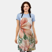 水の色ジャングル花模様ピーチ金ゴールドスプラッシュ エプロン (着用した状態)