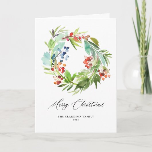 水の色ジュニパーとホリーリースクリスマス シーズンカード (正面)