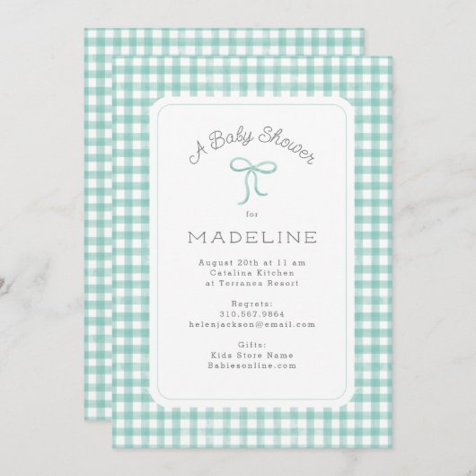 水の色ジンガムミントグリーンベビーシャワー 招待状 (正面/裏面)
