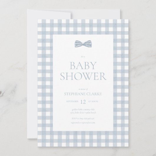 水の色ジンガム&ボウタイボーイベビーシャワー 招待状 (正面)