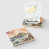 水の色スケッチバイロンベイライトハウスモノグラム | ストーンコースター (横)