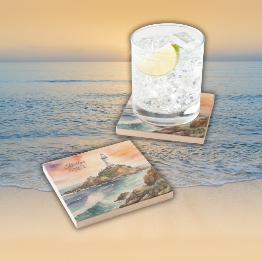 水の色スケッチバイロンベイライトハウスモノグラム | ストーンコースター