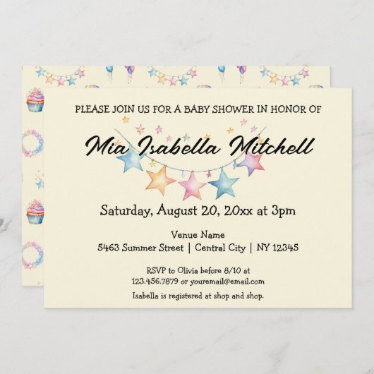 水の色スターズかわいい赤ちゃんシャワー招待状 招待状 (正面/裏面)