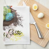 水の色スプラッシュイースターエッグネスト&蝶 キッチンタオル (四つ折り)