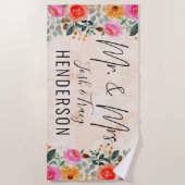 水の色スプラッシュ新婦結婚と新郎のフローラ ビーチタオル (正面)